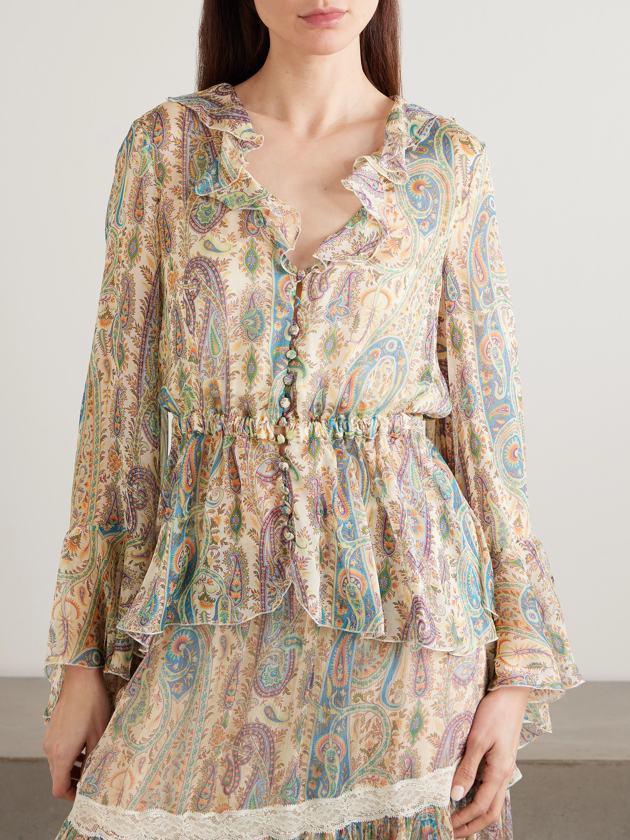 Ruffled Paisley-Print Silk-Chiffon Peplum Blouse