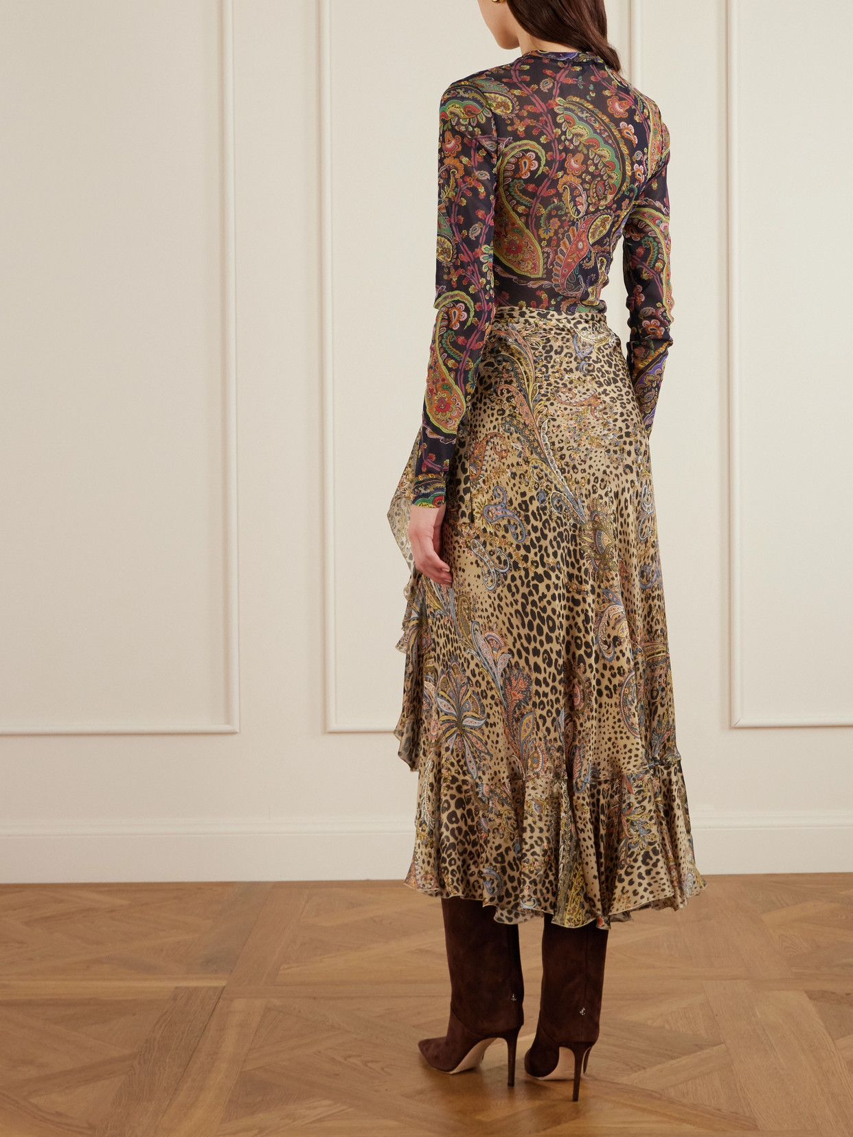 Etro Ruffled Leopard And Paisley-print Silk-satin Midi Wrap Skirt In Multi