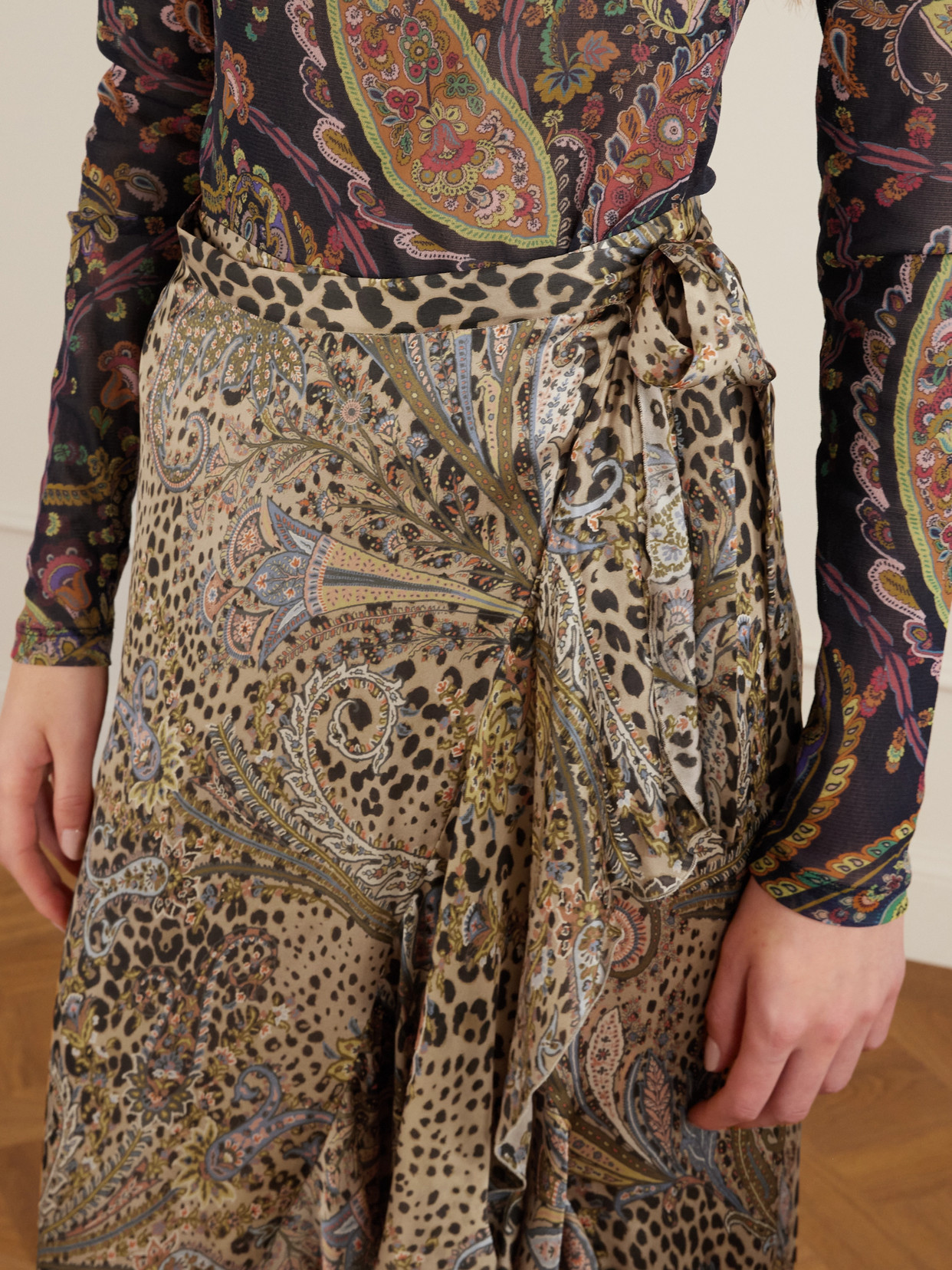 Etro Ruffled Leopard And Paisley-print Silk-satin Midi Wrap Skirt In Multi