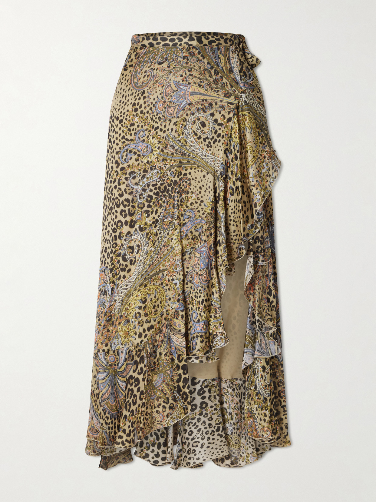 Etro Ruffled Leopard And Paisley-print Silk-satin Midi Wrap Skirt In Multi