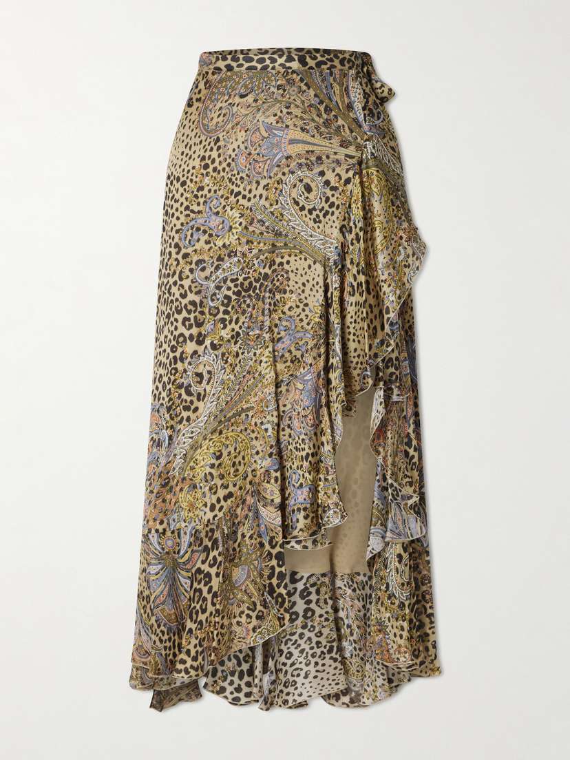 Etro Ruffled Leopard And Paisley-print Silk-satin Midi Wrap Skirt