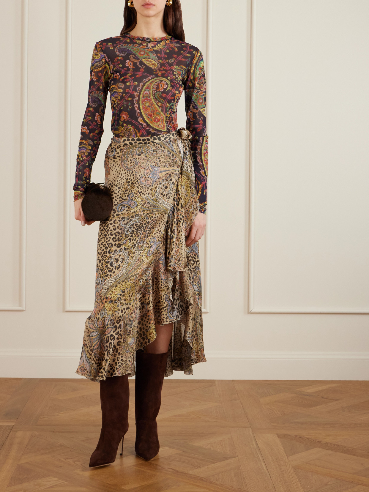 Etro Ruffled Leopard And Paisley-print Silk-satin Midi Wrap Skirt In Multi