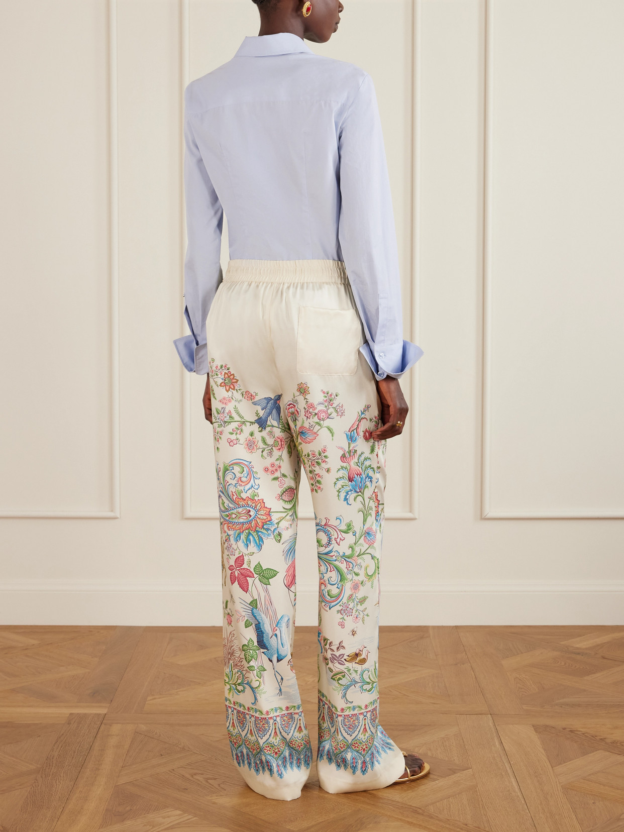 Etro Wide-leg Trousers With Placed Flora And Fauna Print In White