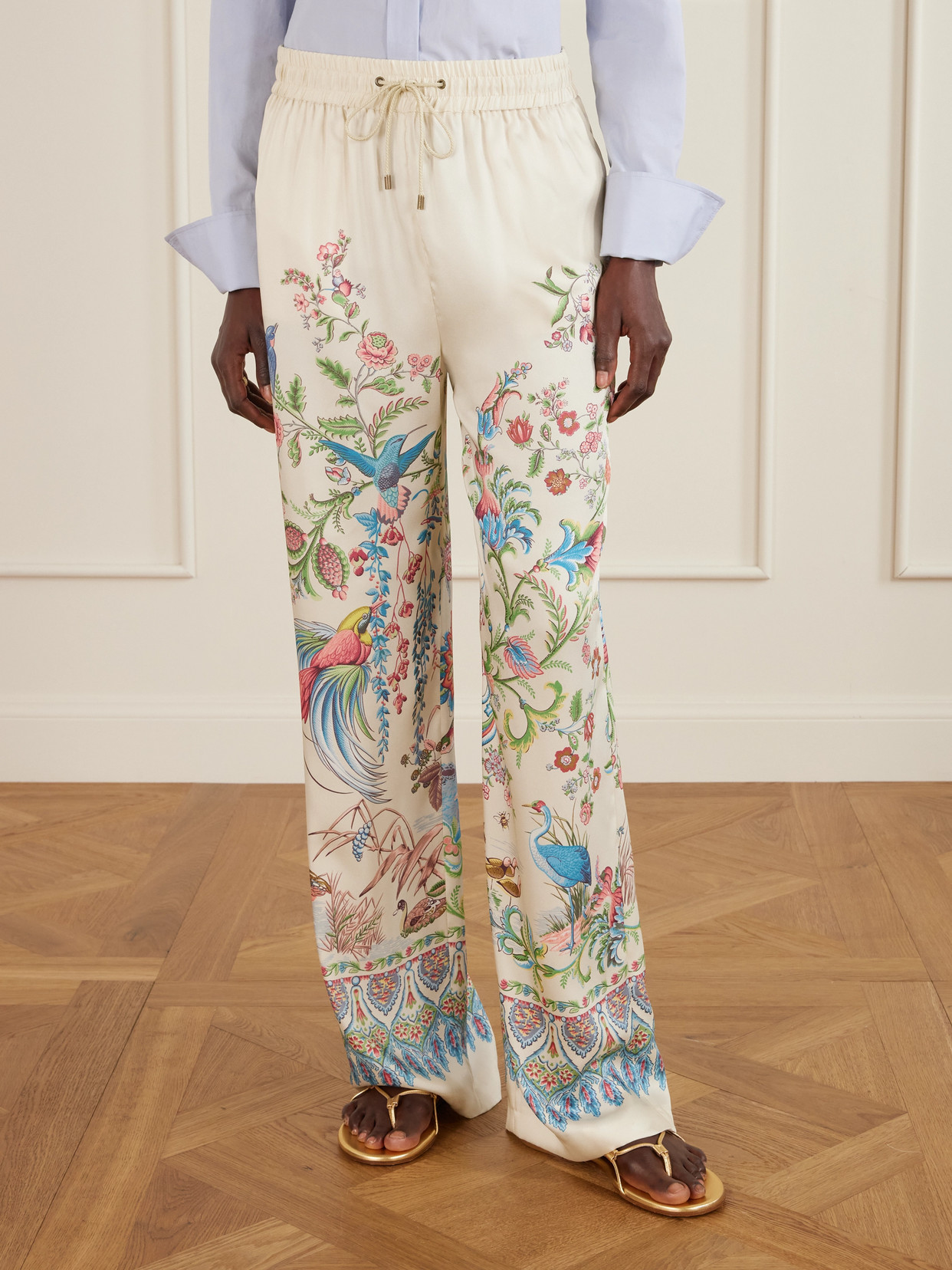 Etro Wide-leg Trousers With Placed Flora And Fauna Print In White