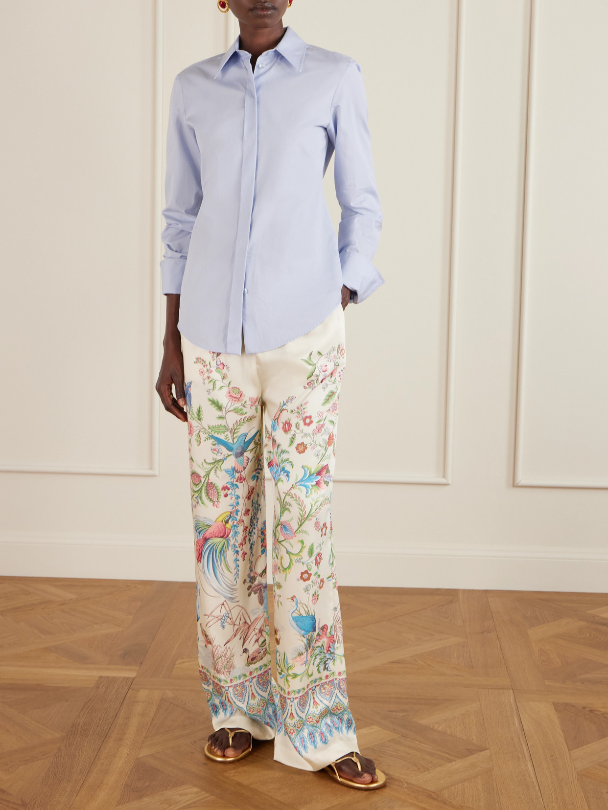 Etro Wide-leg Trousers With Placed Flora And Fauna Print In White