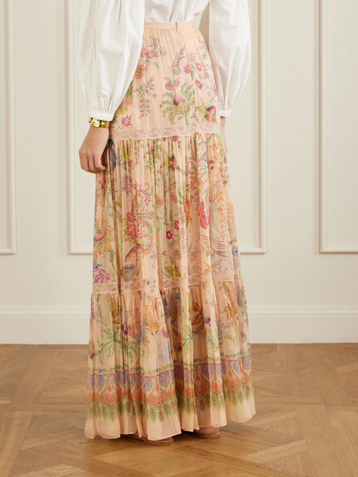 Tiered Pleated Lace-Trimmed Maxi