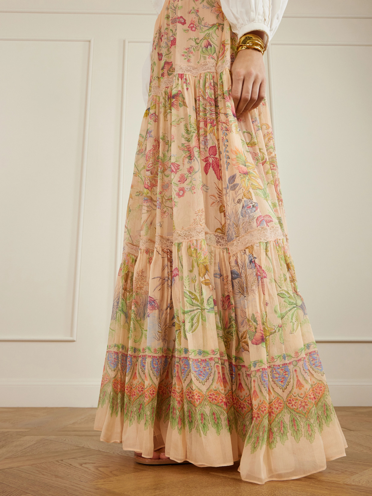 Tiered Pleated Lace-Trimmed Maxi