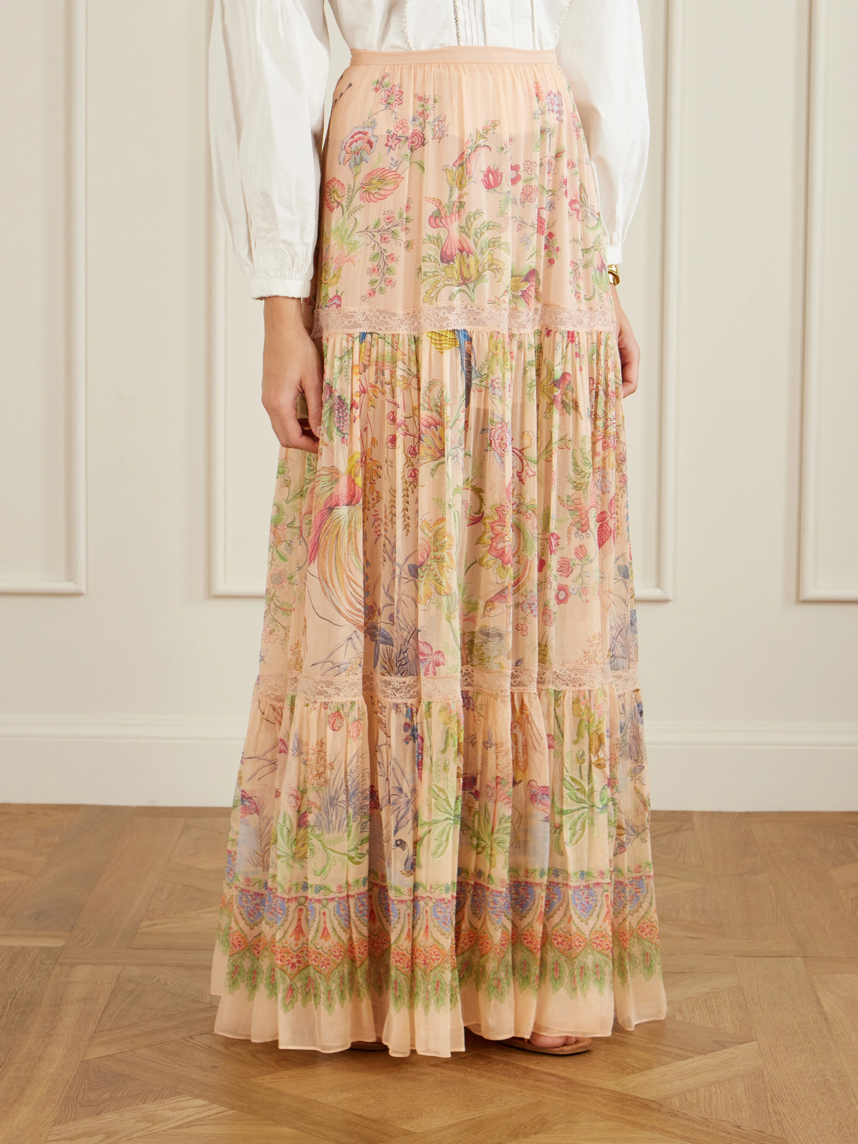 Tiered Pleated Lace-Trimmed Maxi