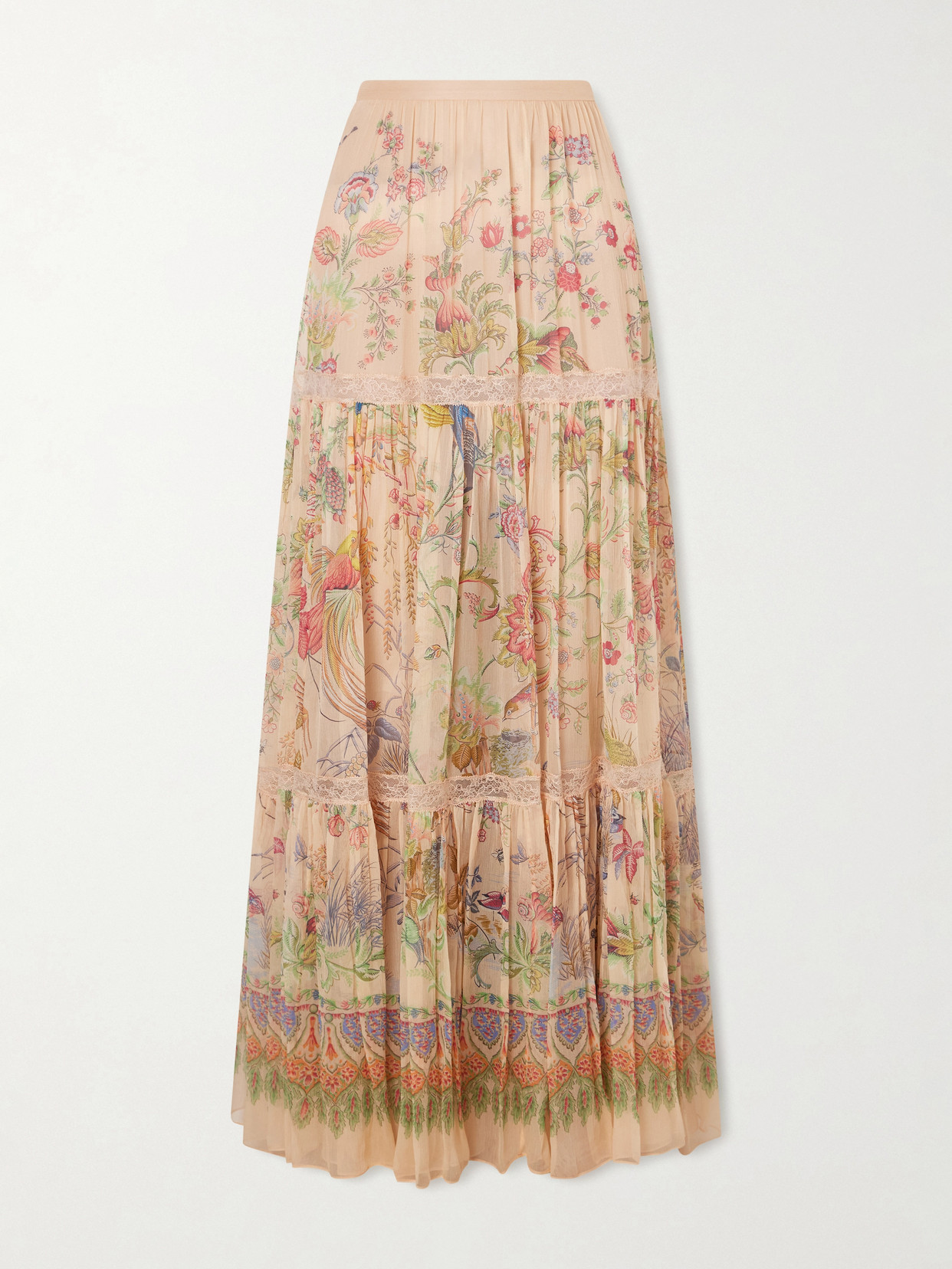 Etro Tiered Pleated Lace-trimmed Printed Silk Maxi Skirt In Multi