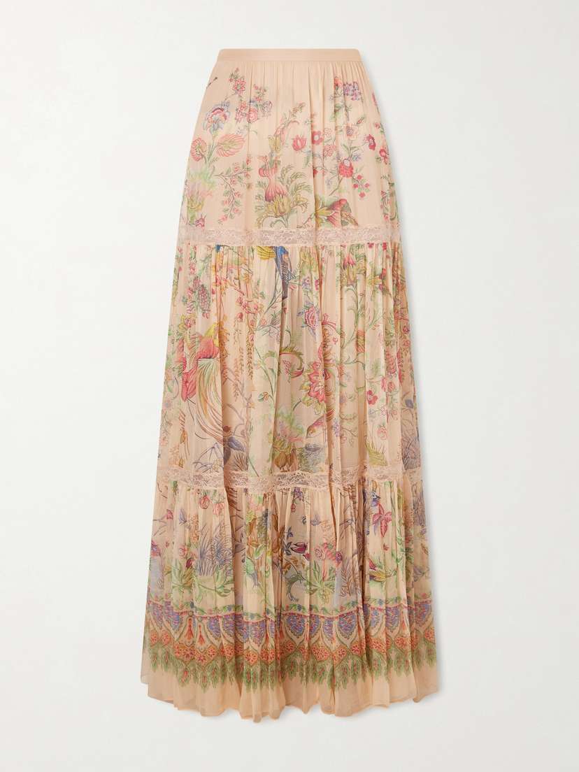 Etro Tiered Pleated Lace-trimmed Printed Silk Maxi Skirt