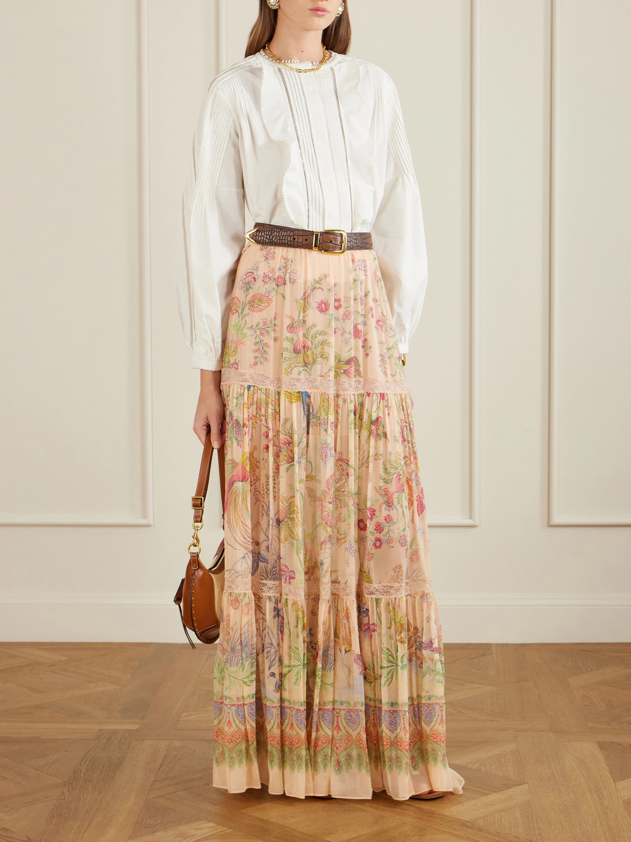 Tiered Pleated Lace-Trimmed Maxi