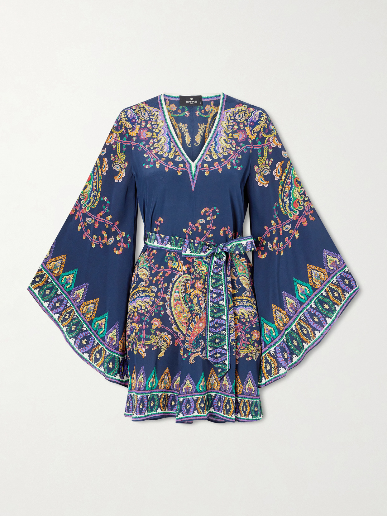 Etro Belted Paisley-print Silk-twill Mini Dress In Blue