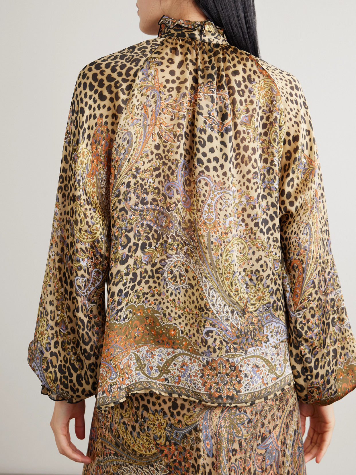 Pussy-Bow Gathered Printed Silk-Chiffon Blouse