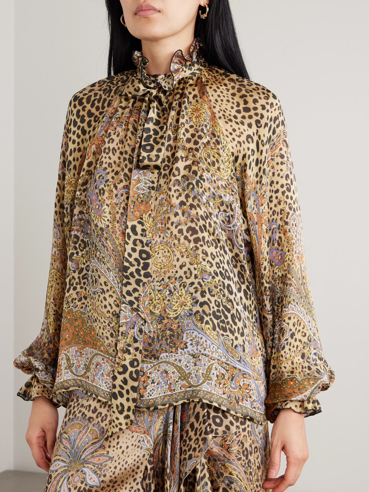 Pussy-Bow Gathered Printed Silk-Chiffon Blouse