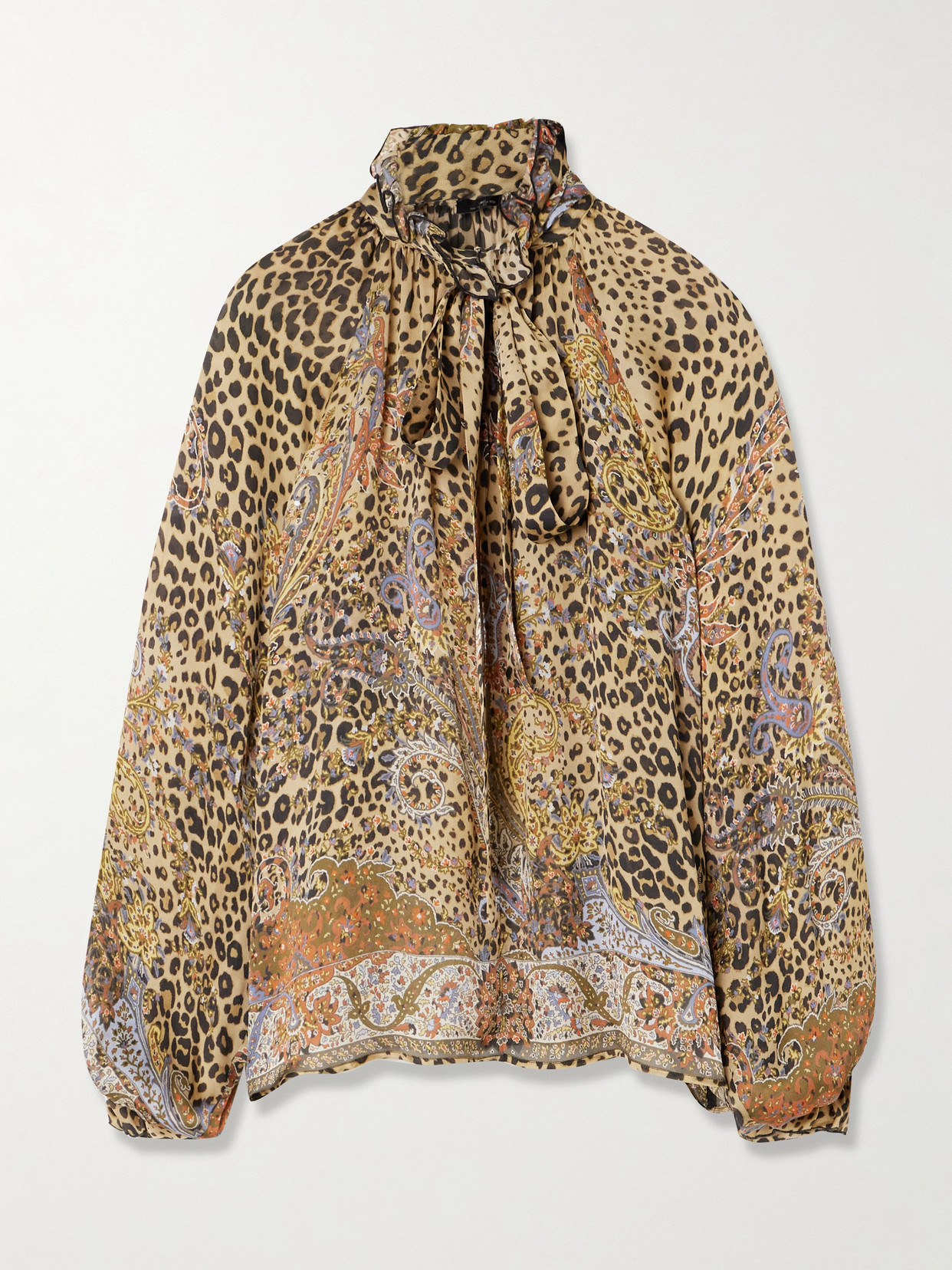 Pussy-Bow Gathered Printed Silk-Chiffon Blouse