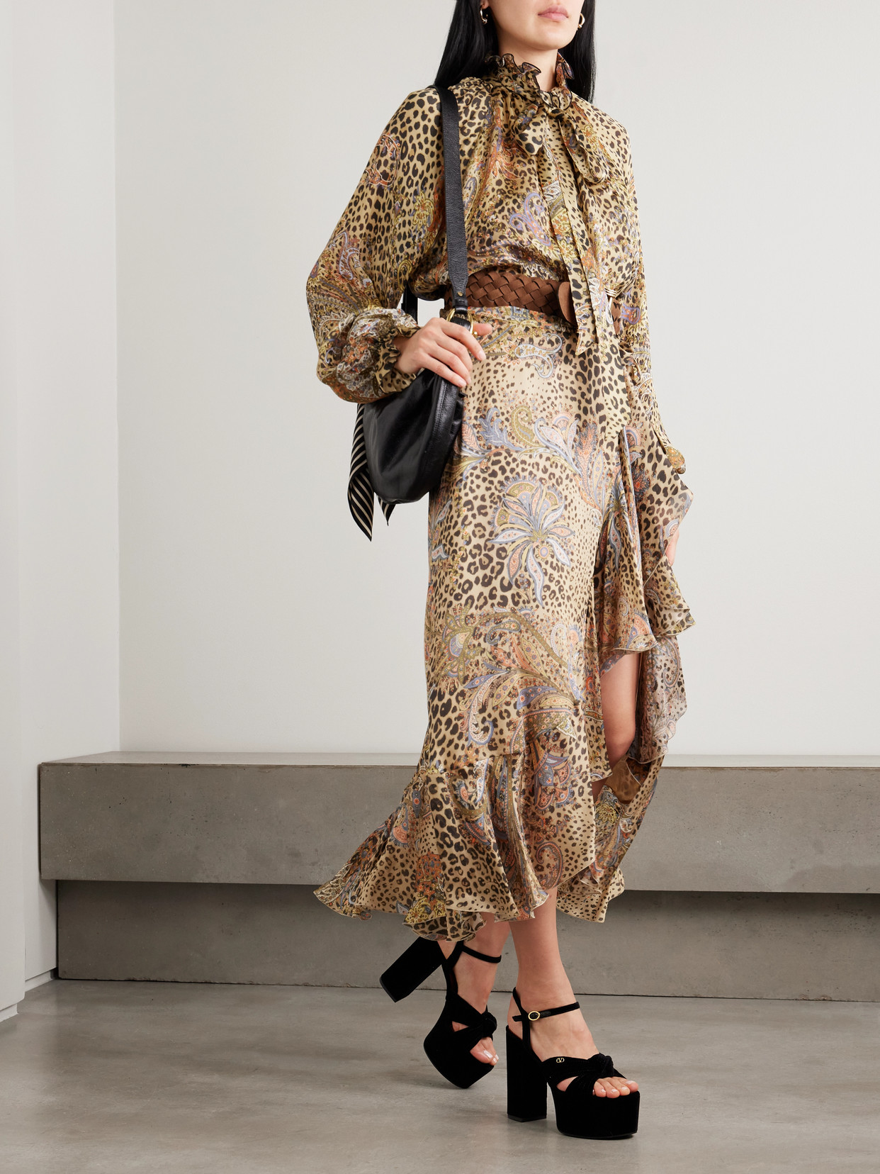 Pussy-Bow Gathered Printed Silk-Chiffon Blouse