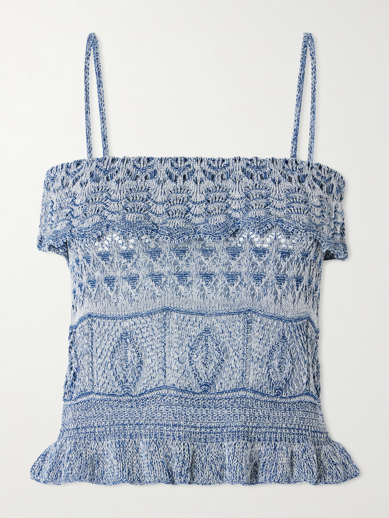Etro Cropped Ruffled Pointelle-knit Cotton-blend Top In Blue