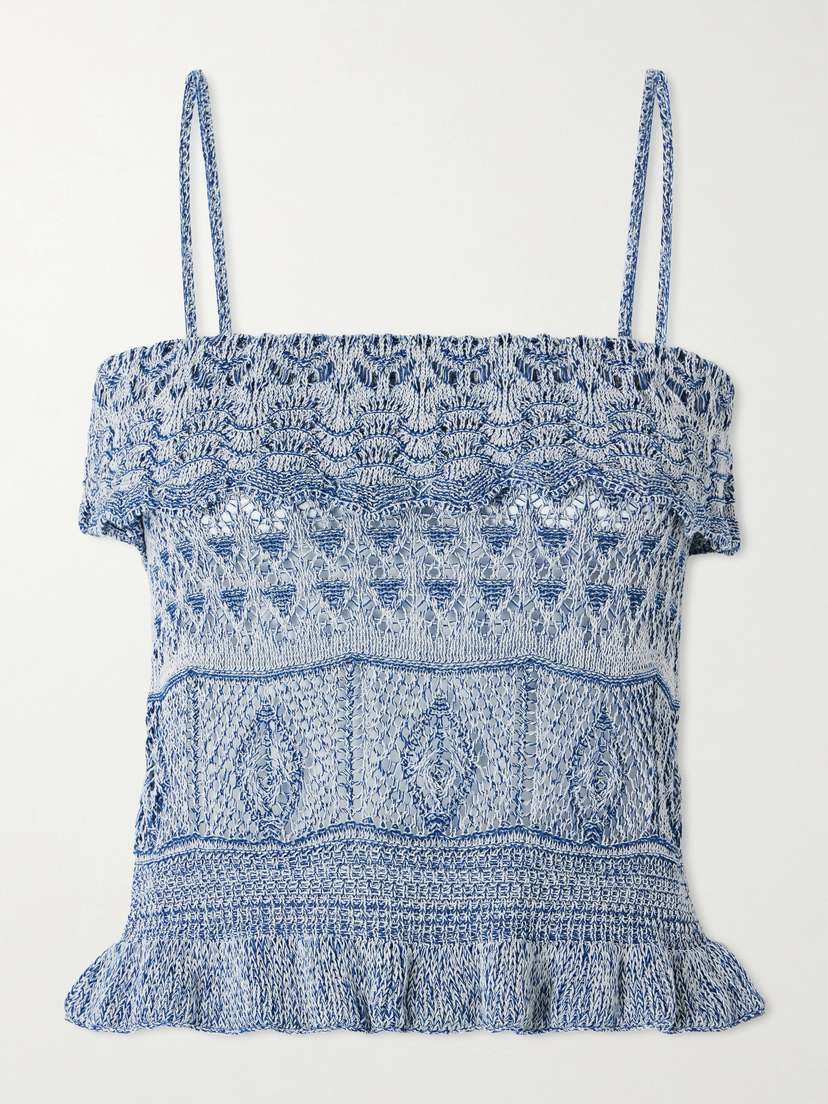 Etro Cropped Ruffled Pointelle-knit Cotton-blend Top