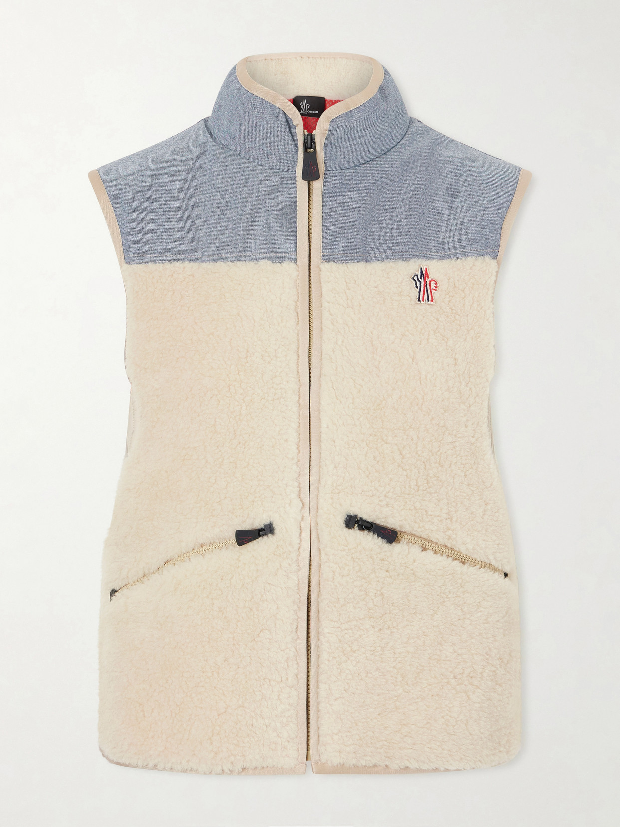Moncler Embroidered Cotton-blend And Shell-trimmed Plush Vest In Neutral