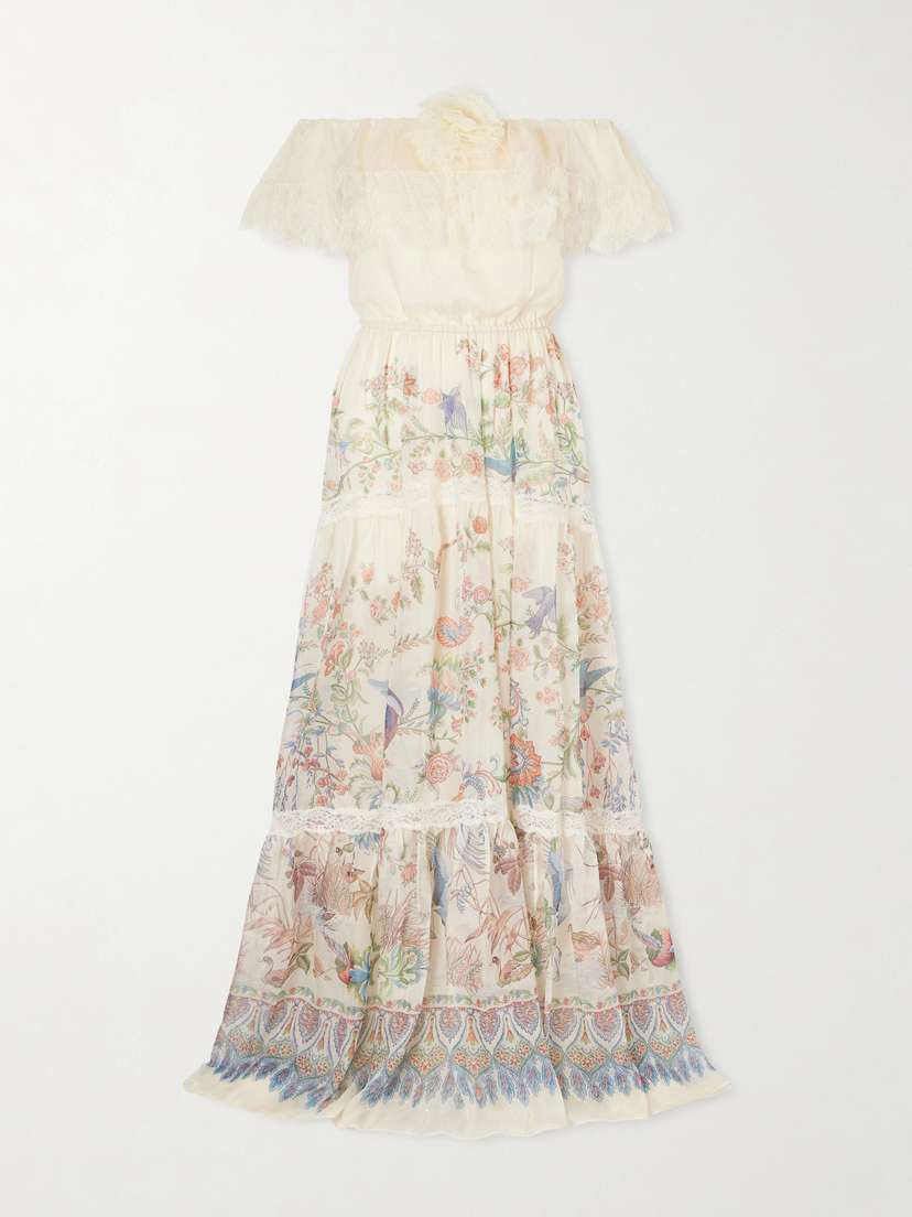 Etro Off-the-shoulder Lace-trimmed Floral-print Silk-chiffon Maxi Dress