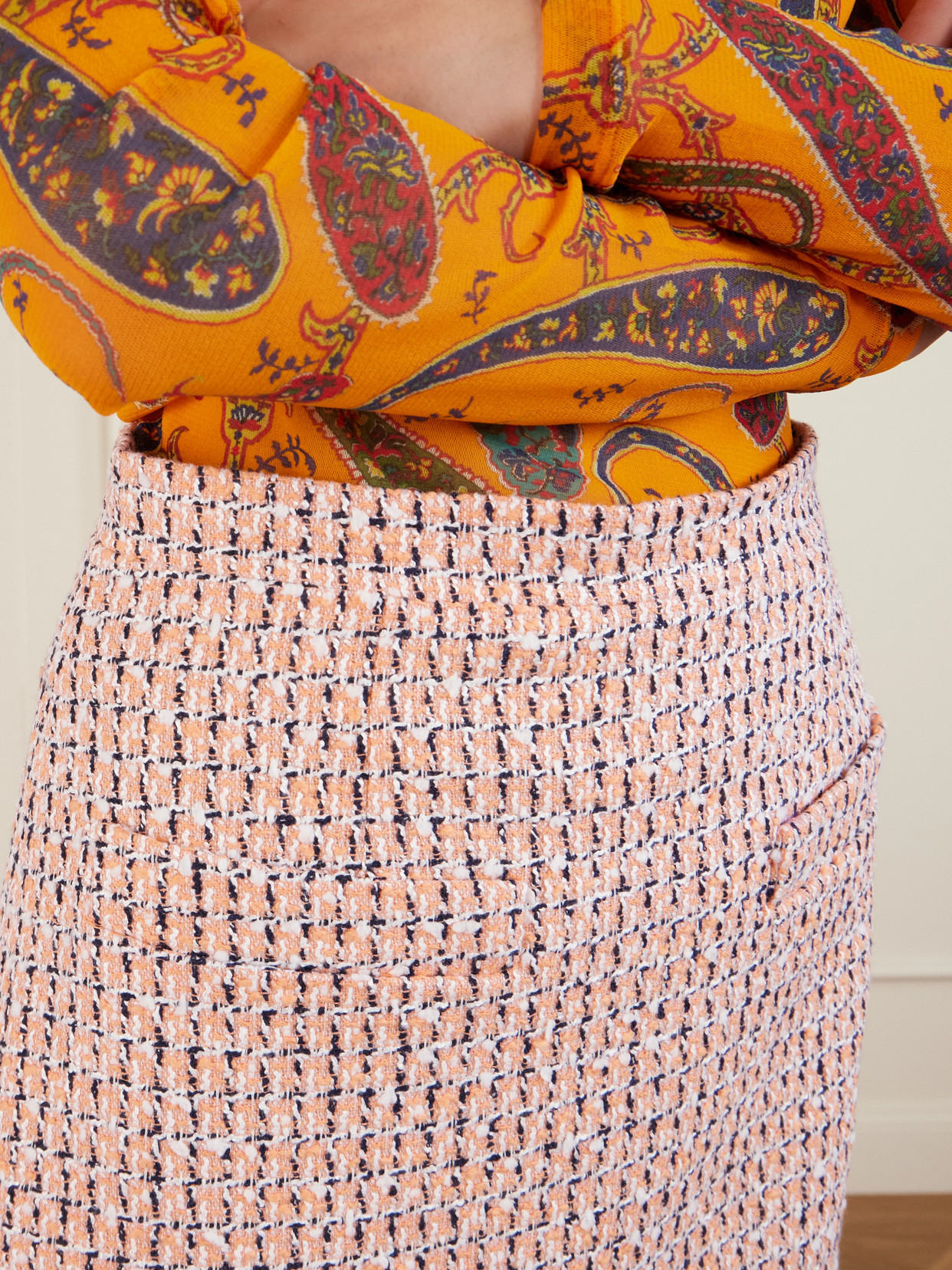 Etro Fringed Embroidered Tweed Mini Skirt In Orange