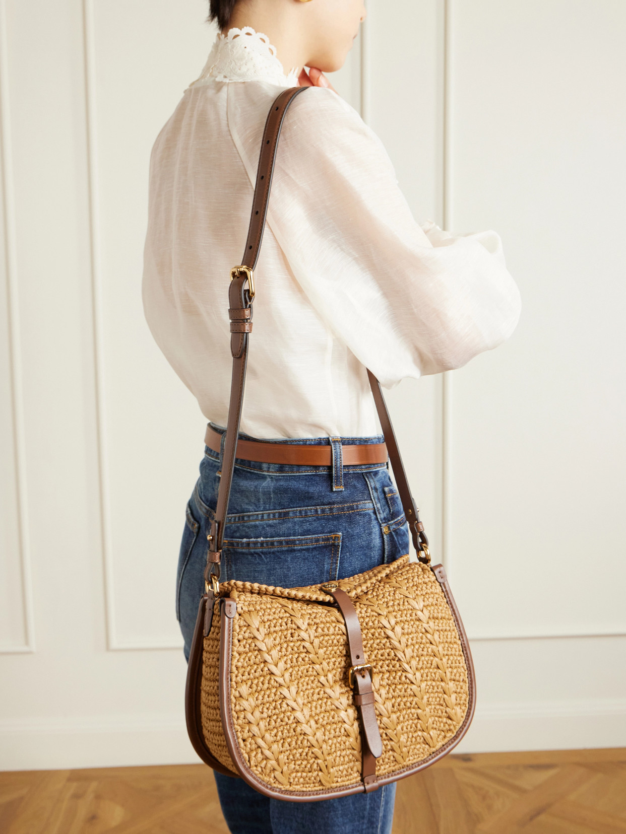 Pony Medium Leather-Trimmed Raffia Shoulder Bag