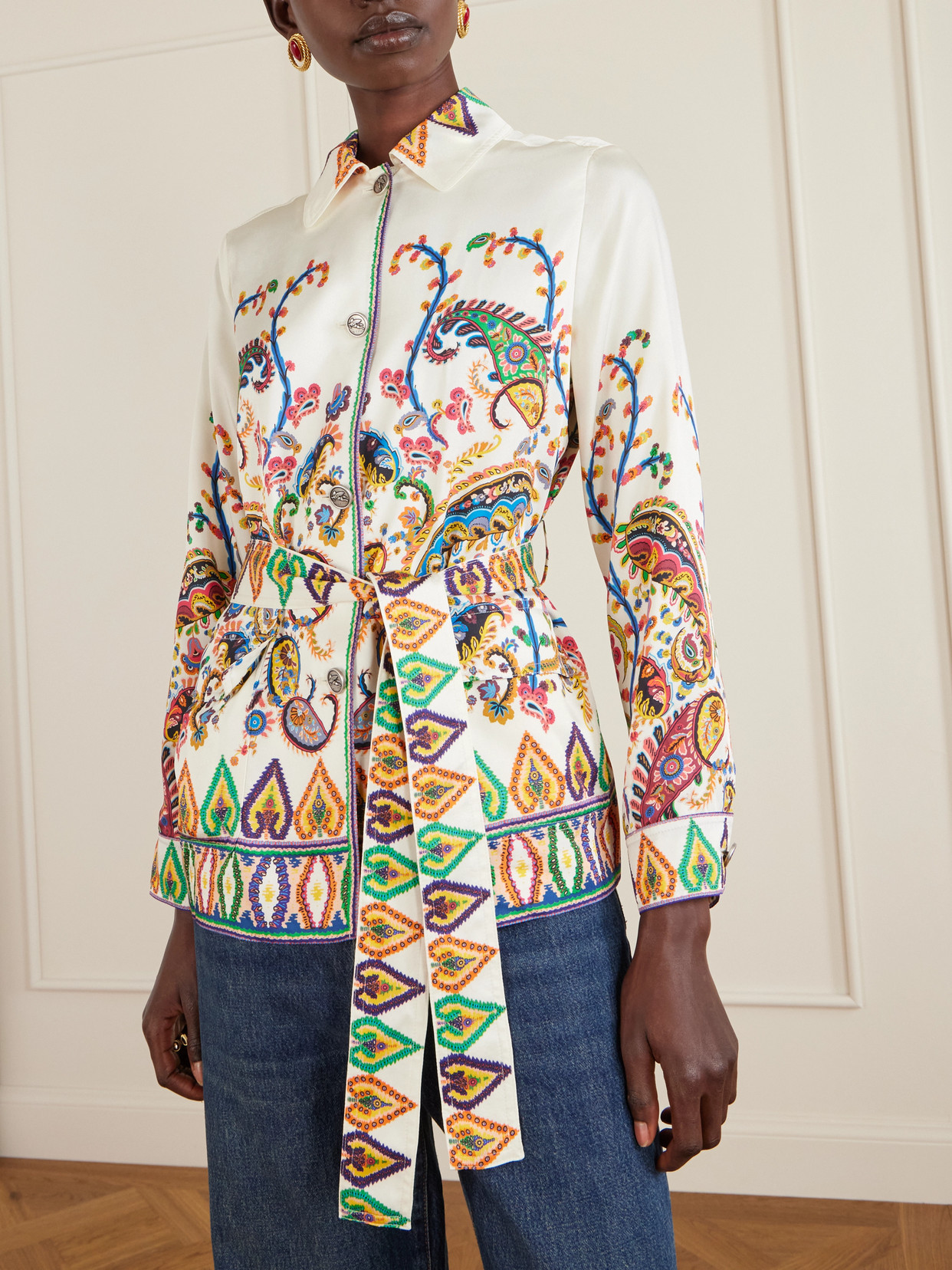 Safari Belted Paisley-Print Satin-Twill Jacket