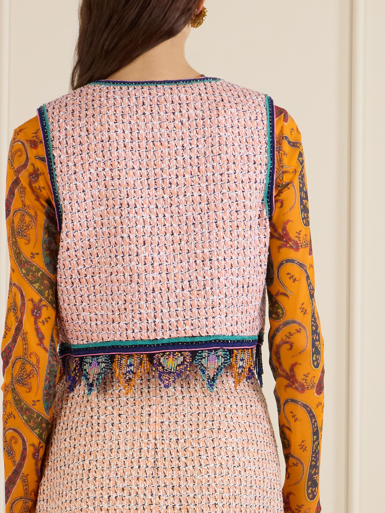 Etro Fringed Embroidered Tweed Vest In Multi
