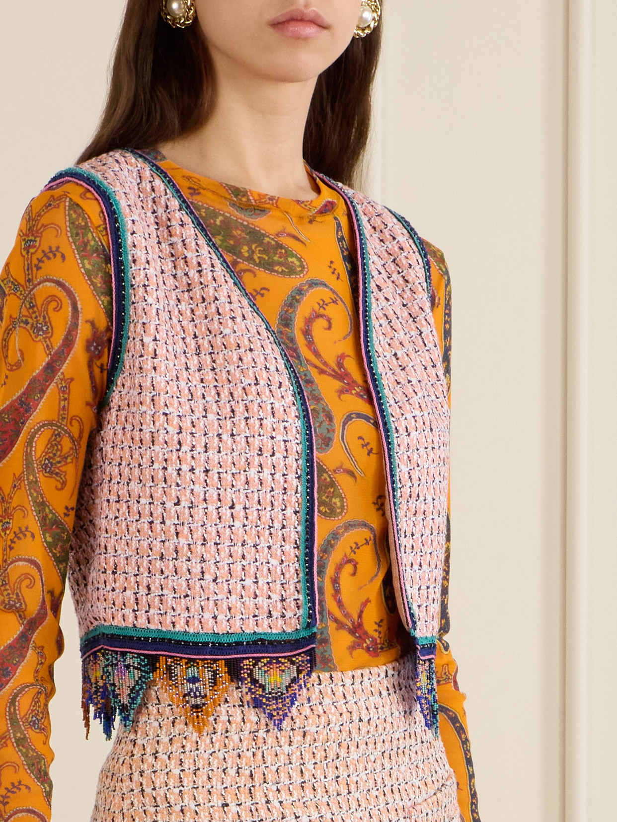 Etro Fringed Embroidered Tweed Vest In Multi