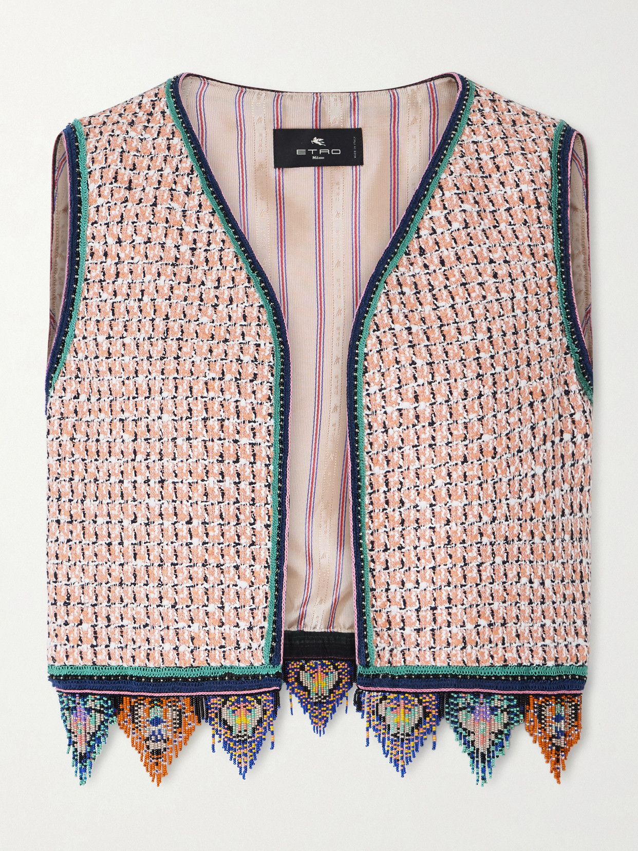 Etro Fringed Embroidered Tweed Vest In Multi