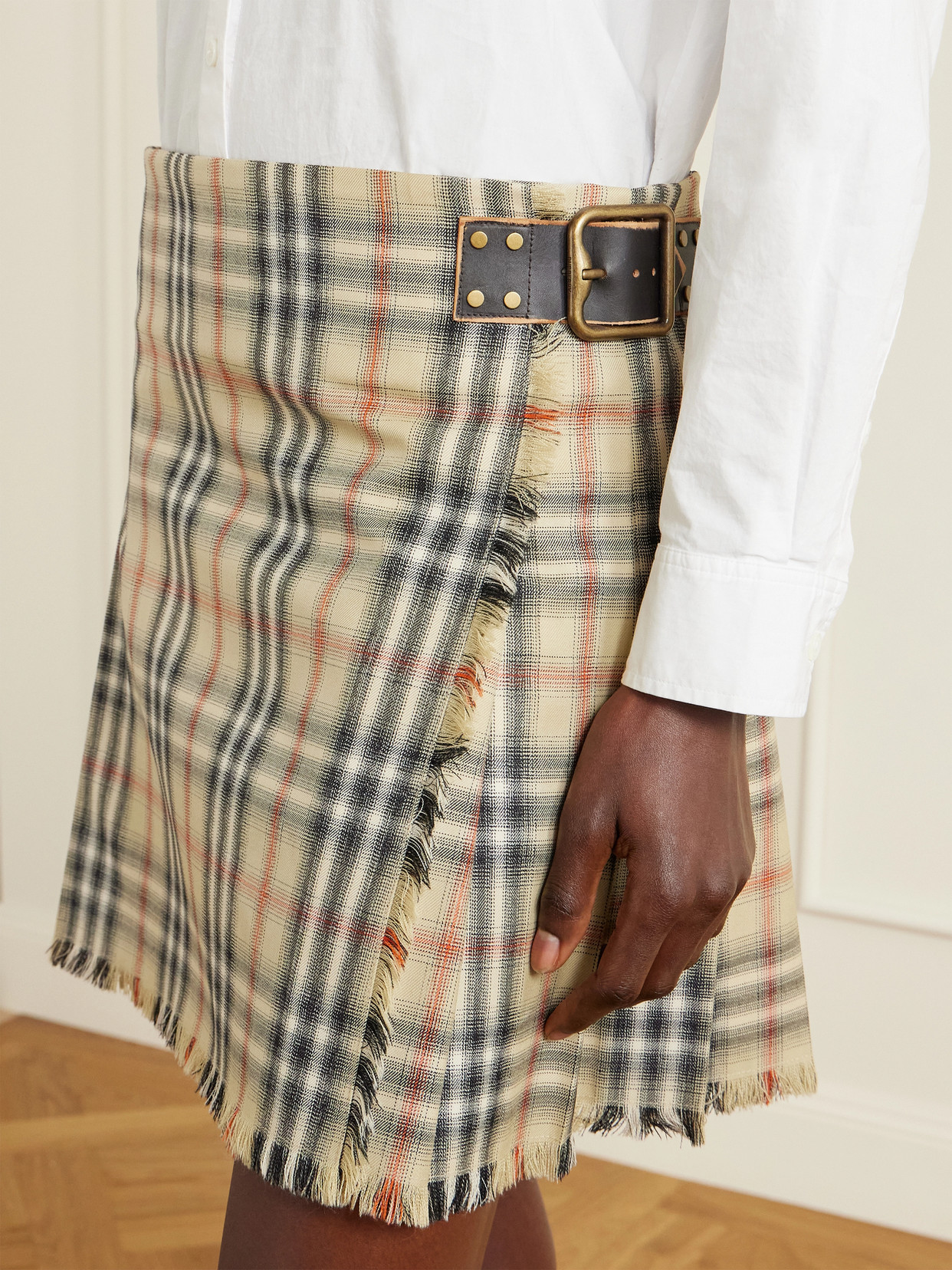 Burberry Leather-trimmed Pleated Checked Wool Mini Skirt In Neutral