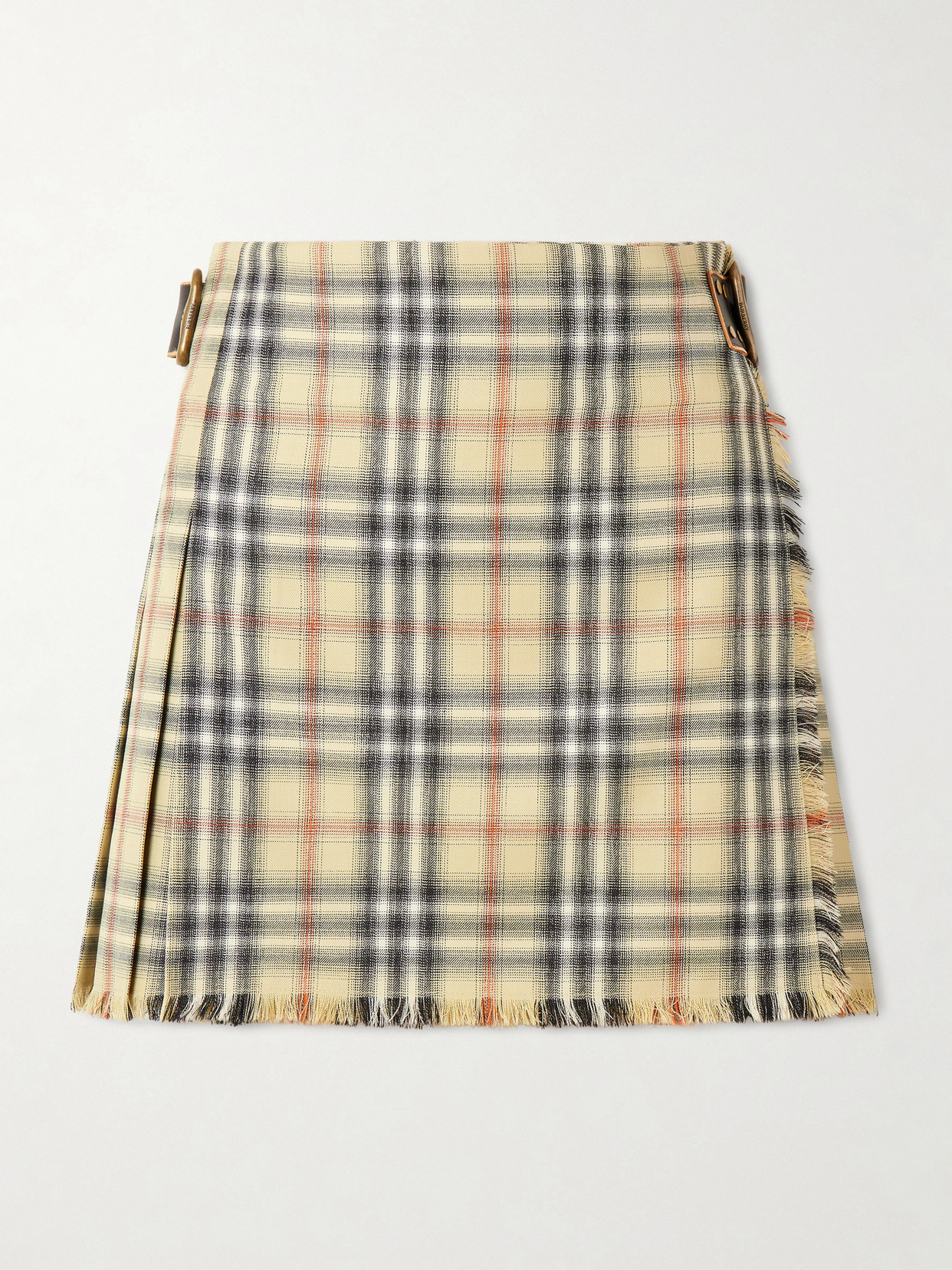 Burberry Leather-trimmed Pleated Checked Wool Mini Skirt In Neutral