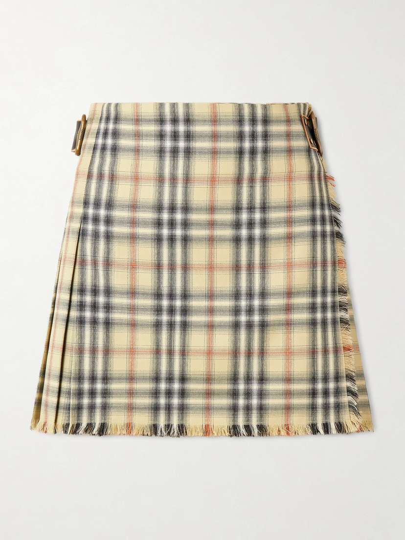 Burberry Leather-trimmed Pleated Checked Wool Mini Skirt