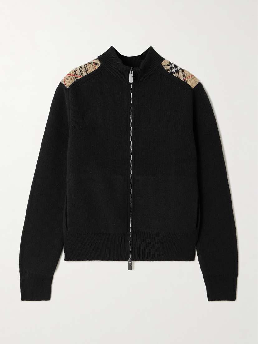 Burberry Checked Ribbed Wool And Cashmere-blend Turtleneck Cardigan