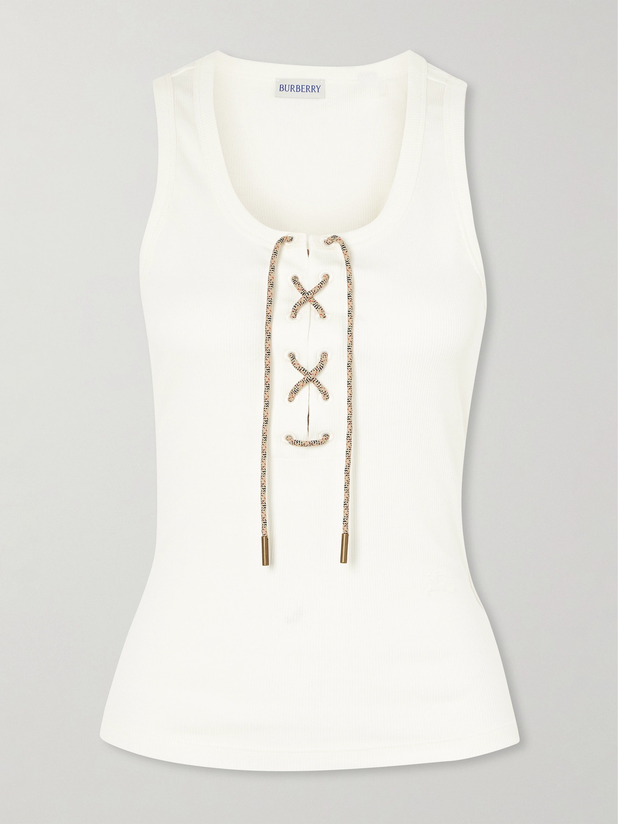Burberry Lace-up Embroidered Ribbed Stretch-cotton Jersey Tank In White