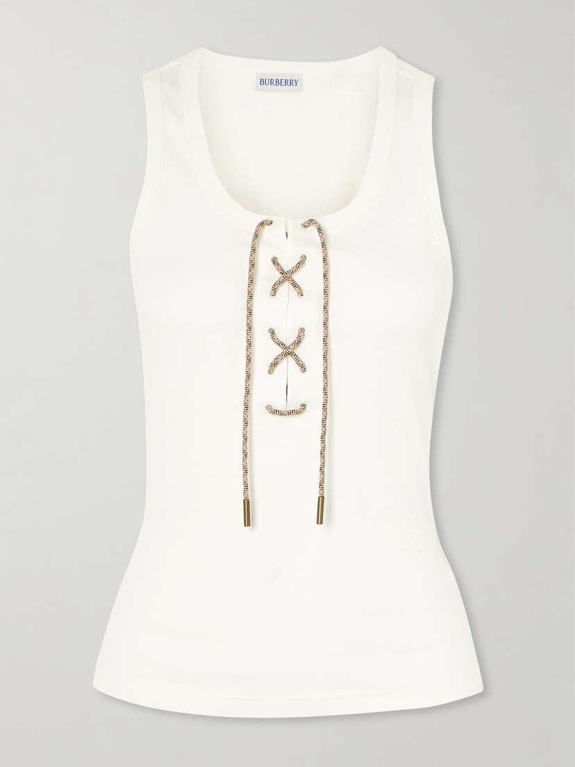 Burberry Lace-up Embroidered Ribbed Stretch-cotton Jersey Tank