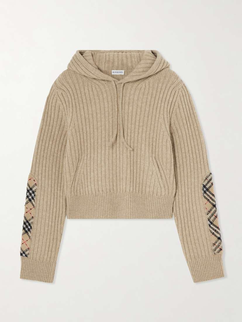Burberry Checked Bouclé-trimmed Ribbed Wool And Cashmere-blend Hoodie