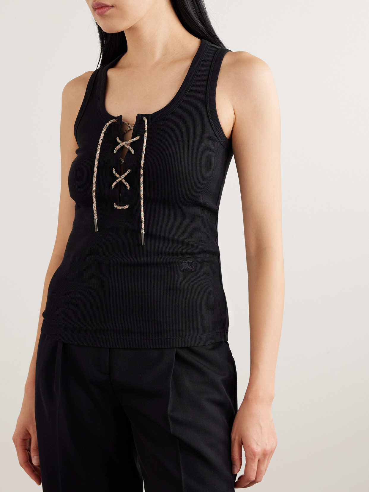 Burberry Ribbed Adjustable Drawstring Tank Top With Equestrian Knight Design In Black