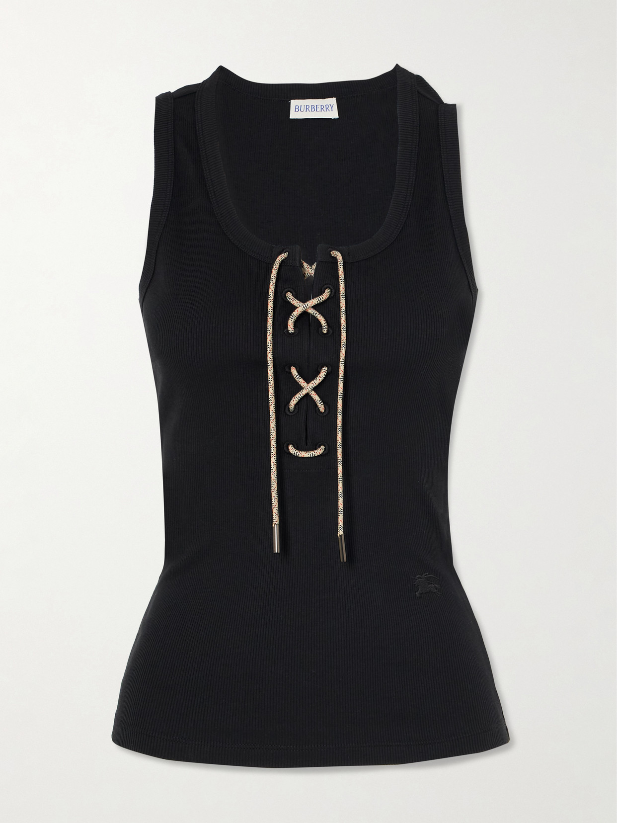 Burberry Lace-up Embroidered Ribbed Stretch-cotton Jersey Tank In Black