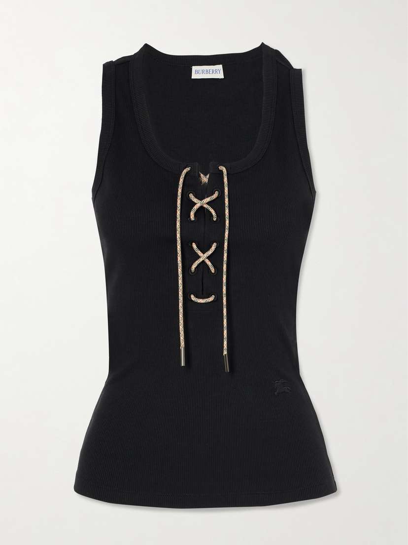 Burberry Lace-up Embroidered Ribbed Stretch-cotton Jersey Tank