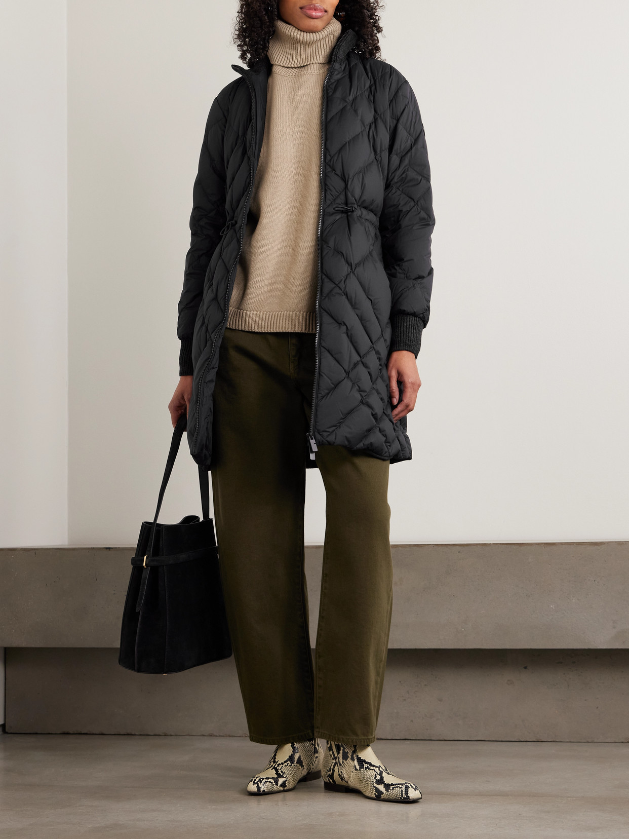 Appliquéd Leather-Trimmed Padded Quilted Shell Down Jacket