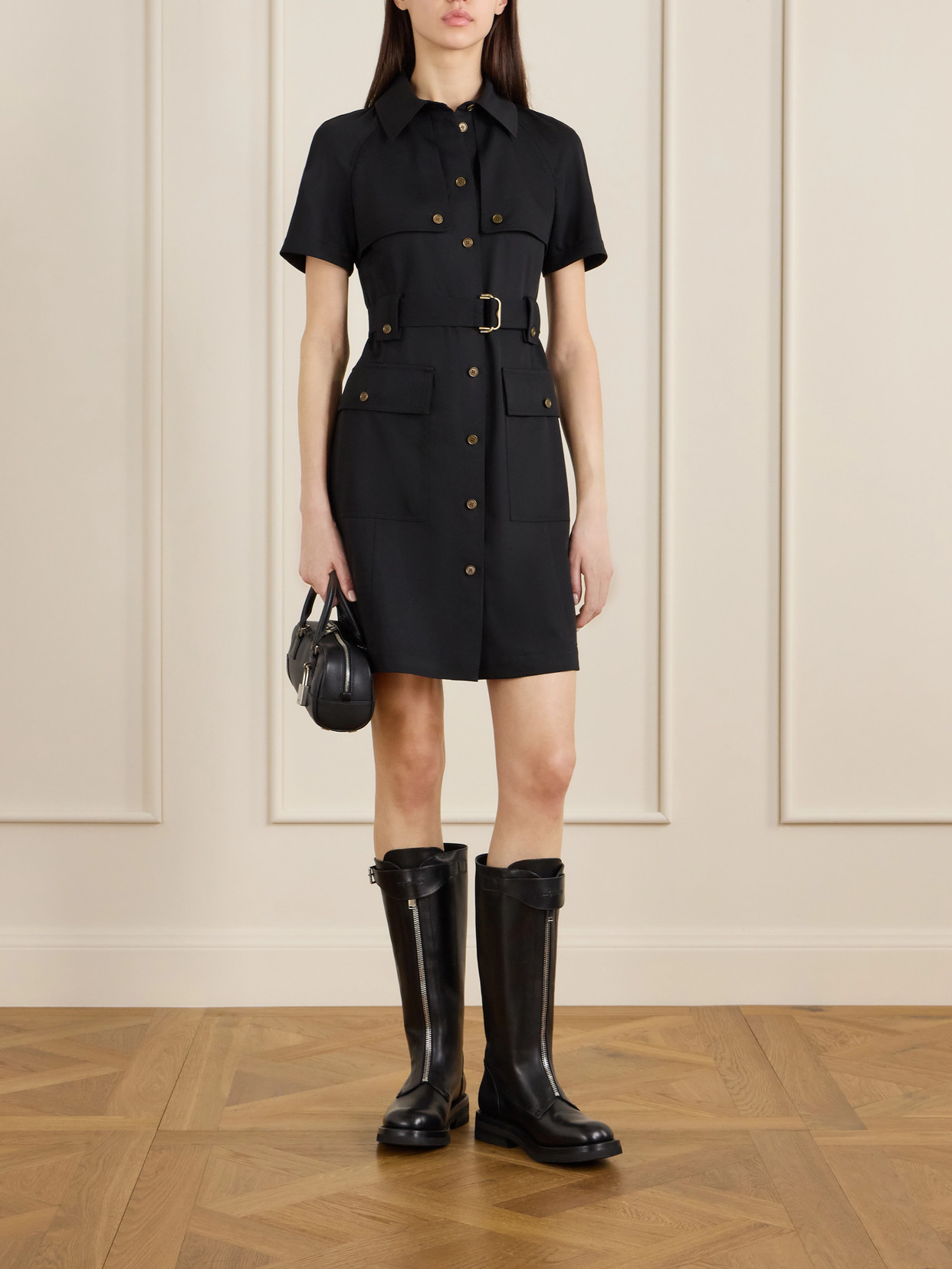 Burberry Belted Wool-twill Midi Shirt Dress In Black
