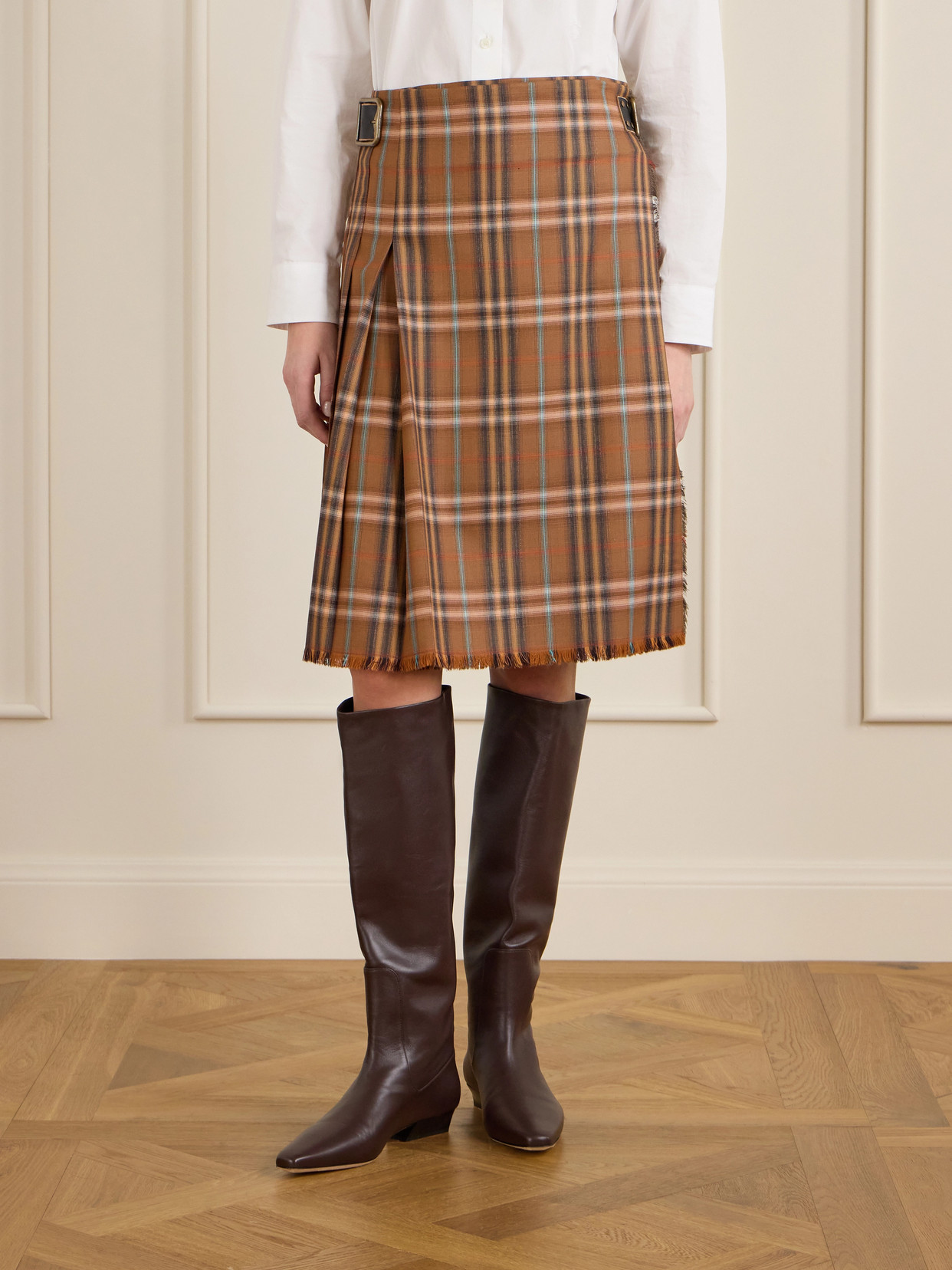 Burberry Pleated Skirt With Frayed Hem And Buckles In Brown