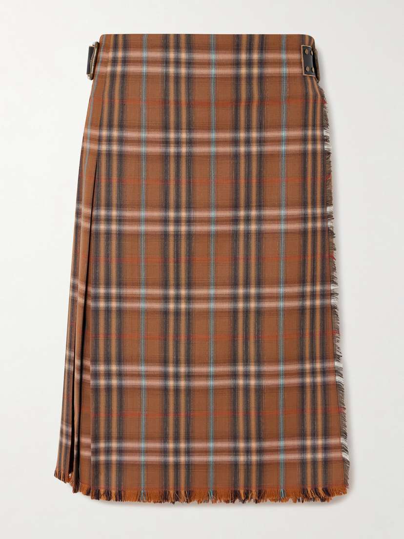 Burberry Belted Frayed Checked Wool Skirt