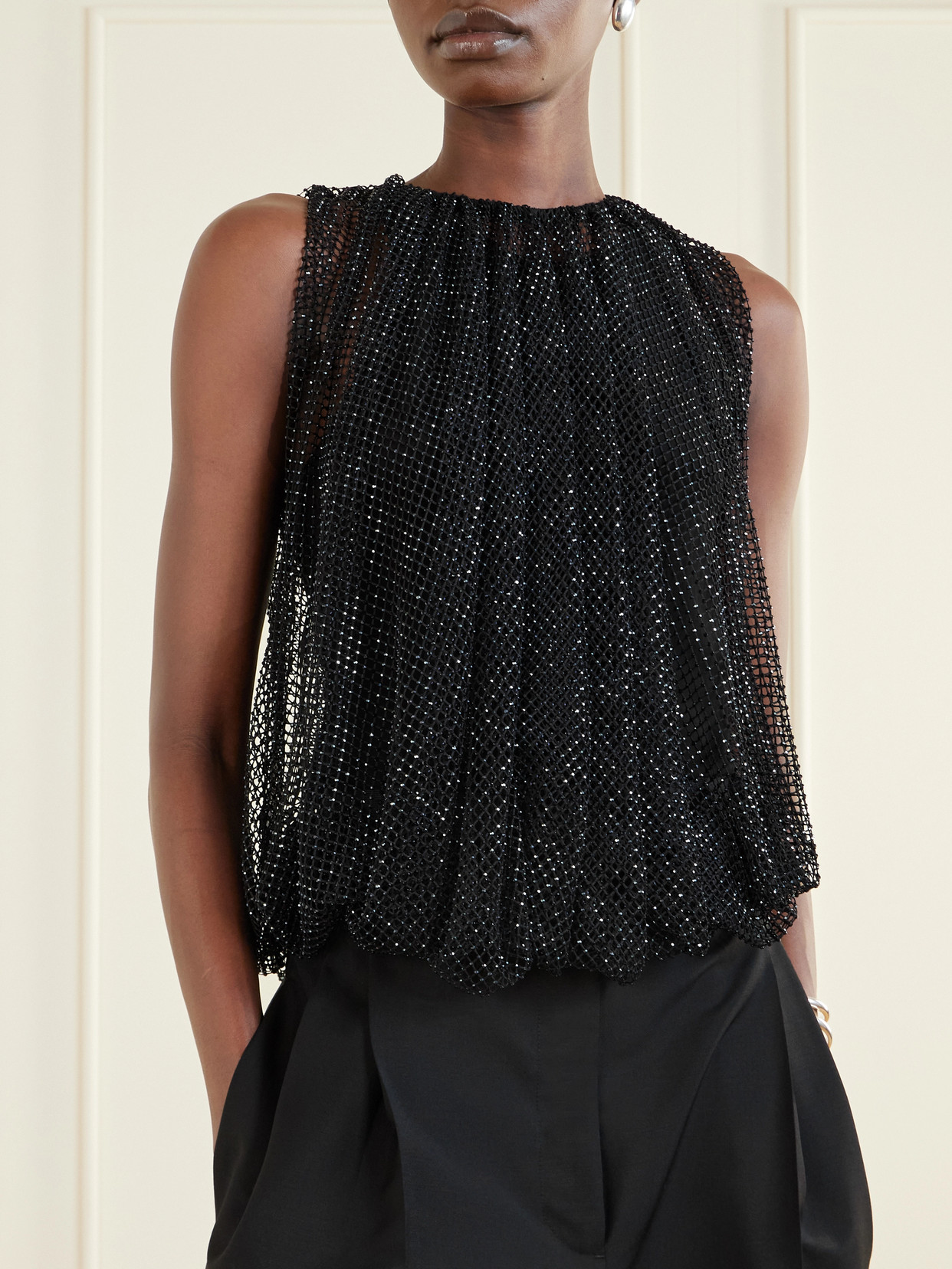 Sportmax Embellished Mesh And Jersey Top In Black