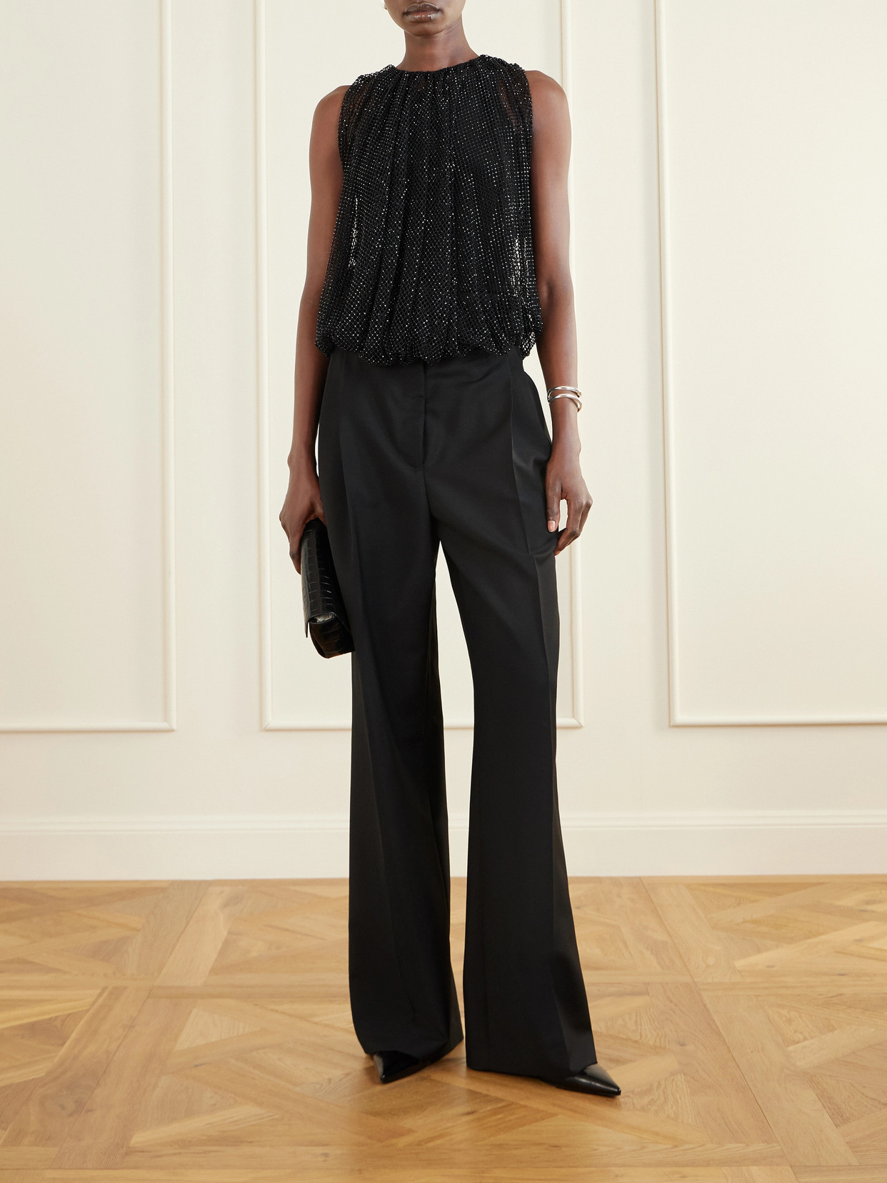 Sportmax Embellished Mesh And Jersey Top In Black