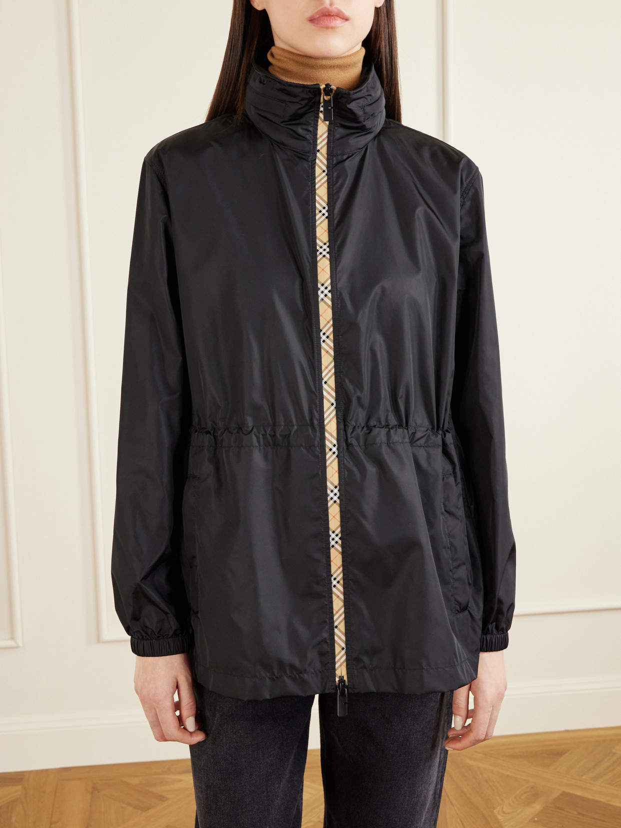 Burberry Nylon Parka With Elastic Cuffs And High Collar In Black