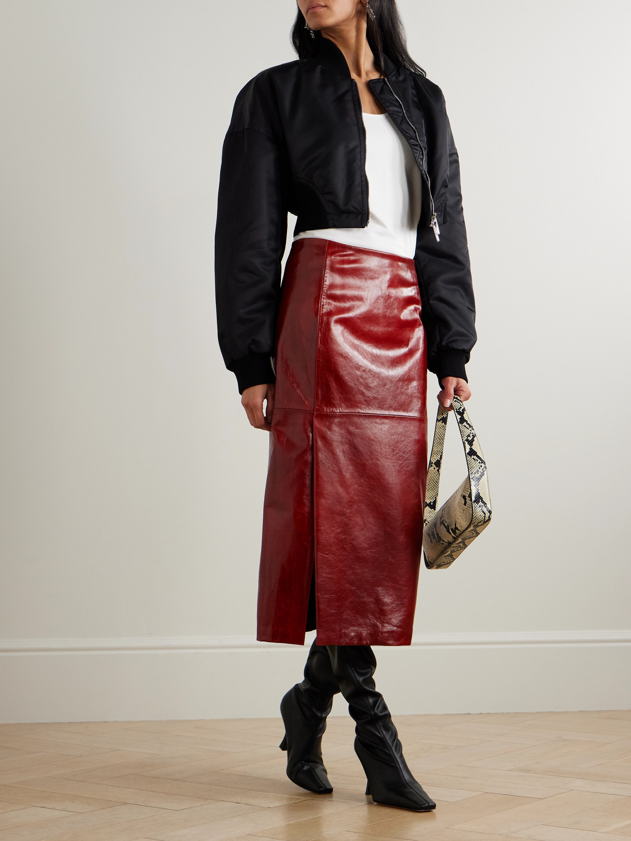 Sportmax Paneled Leather Midi Skirt In Burgundy