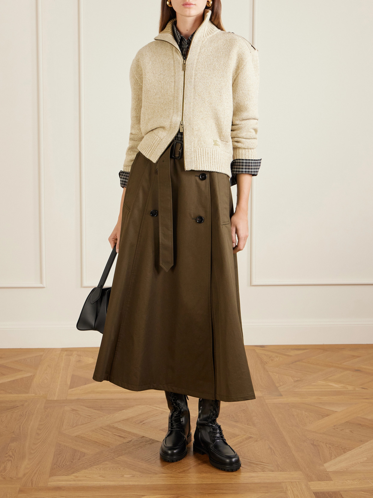 Burberry Women Juniper Green Gabardine Midi Trench Skirt In Brown
