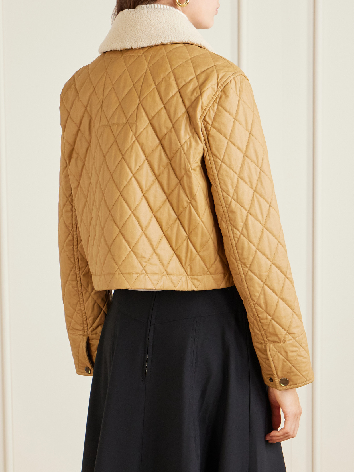 Cropped Shearling-Trimmed Coated-Cotton Jacket